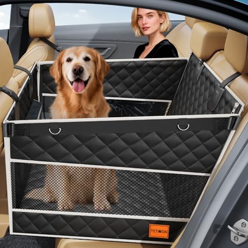PETICON Dog Car Seat for Large Medium Dogs, One-Piece Hard Bottom Back Seat Extender for Dogs with 2 Mesh Windows, Waterproof Pet Carseat with Storage Pocket for Cars, SUVs and Trucks - size: L