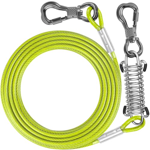 25FT Dog Tie Out Cable Lead with Shock Spring for Medium Large Dogs | Shock-Absorbing; 500LBS Tensile Strength; Strong Stainless Steel Core; 360° Swivel Locking Hook; Anti-Rust Vinyl Coating - color: Yellow Green, size: 25FT