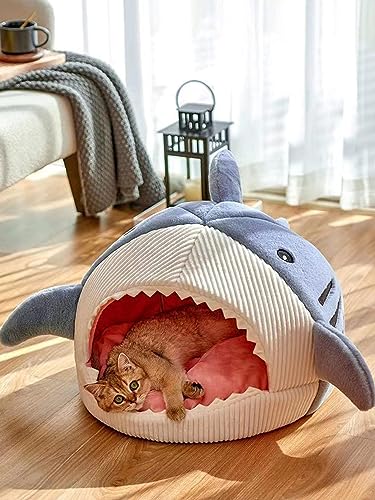QWINEE Cat Mat Shark-Shaped Kennel Kitten Bed Hideout House Warm Soft Comfortable Semi-Closed Cat Dog Nest Blue M - color: Blue, size: Medium