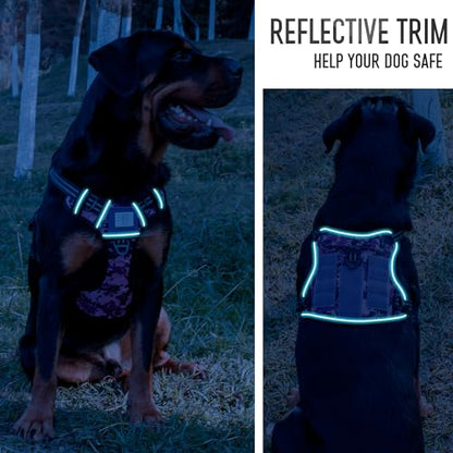 Tactical Dog Harness for Medium & Large Dogs, Camo Purple Adjustable No-Pull Control with Handle, Heavy Duty Reflective Vest - Size XL - color: Purple Camo, size: XL