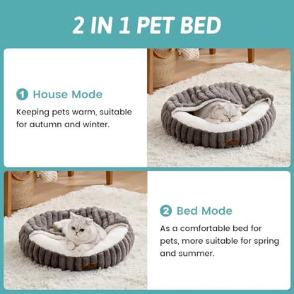 COZY KISS Hooded Blanket Cat Bed – 20"x20" Round Fluffy Donut Cuddler for Cats & Toy Dogs, Anti-Anxiety Faux Fur Pet Bed, Machine Washable with Non-Slip Bottom, Grey - color: Grey, size: 20"×20"×6"