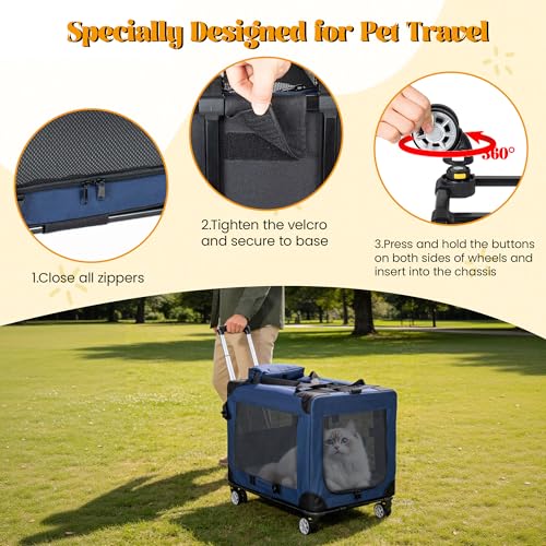 Large Foldable Rolling Dog Carrier,3-Doors Cat Carrier with Detachable Wheels,Pet Rolling Bag 28"x20"x20" for Large Cats, Medium & Small Dogs, Detachable for Travel,Vet Visits,Outdoor Walks (28 inch) - size: 28 inch