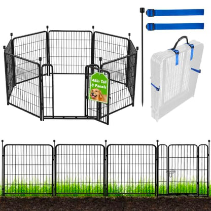 ADAVIN Tall Garden Fence with Gate, 48 in(H) 8 Panels Heavy Duty Iron Metal Animal Barrier Fence, Indoor Dog Playpen, Temporary Fencing, Dog Fence Outdoor for Yard, Total17.7 Ft(L), Black - size: 8panels-48in(H)×17.7ft(L)