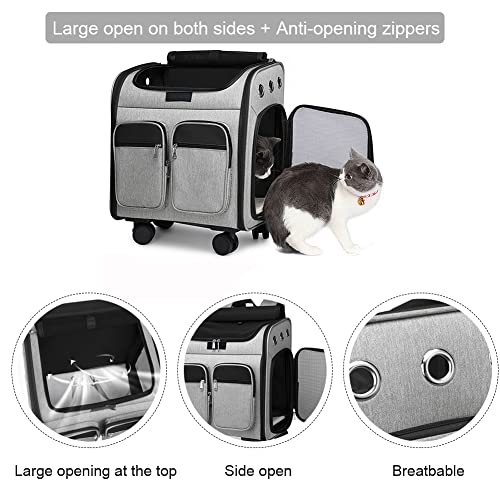 Wheeled Pet Carrier Backpack Pet Stroller, Travel Carrier, Car Seat for Small Dogs Cats Puppies, Comfort Cat Backpack Removable Rolling Wheels – Mesh Ventilation Windows (Large Grey) - color: Large Grey