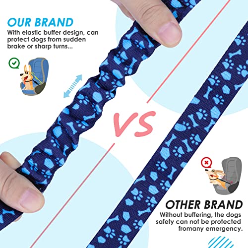 SlowTon Dog Seat Belt, Double Dog Seatbelt Adjustable Vehicle Safety Leash with Elastic Bungee Buffer, Reflective No Tangle Y Shape Two Dog Harness Seat Belt Splitter for Pets Car Trip (Blue Paws, S) - color: I.Blue Paws, size: 2 Small in 1