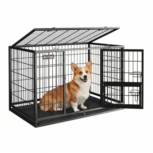 Feandrea 36.4 Inch Heavy Duty Dog Crate, Metal Escape Proof Kennel with Double Doors and Convenient Feeding Door, Removable Tray, Easy to Clean, L Pet Crate for Medium and Small Dogs, Black - size: 36.4"L x 22.6"W x 25.2"H