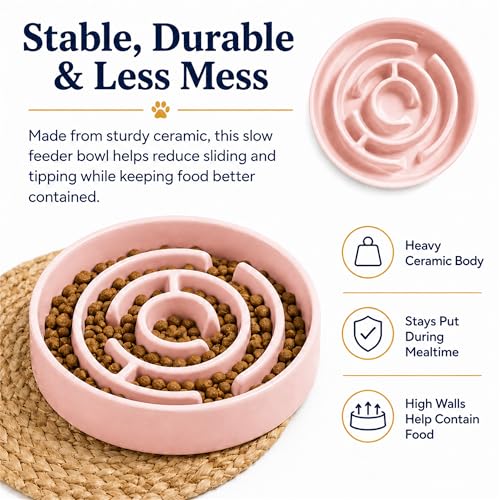 Ceramic Slow Feeder Dog Bowls with Anti-Slip, Slow Feeder & Non-Slip Design, Boredom and Anxiety Reducer, Suitable for All Breed Dogs and Cat (Ceramic-Pink) - color: Ceramic-Pink
