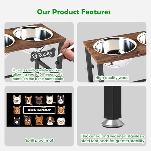 SHAINFUN Adjustable Height Elevated Dog Bowl Stand for Large & Extra Large Dogs – Wooden Raised Dog Bowls with Three 101oz Stainless Steel Bowls & Mat, Stainless Steel Food & Water Station - color: Brown-3L-Three