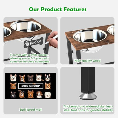 SHAINFUN Adjustable Height Elevated Dog Bowl Stand for Large & Extra Large Dogs – Wooden Raised Dog Bowls with Three 101oz Stainless Steel Bowls & Mat, Stainless Steel Food & Water Station - color: Brown-3L-Three