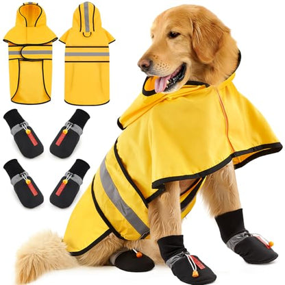 Dog Raincoat and Shoes for Weighing 20-38lbs, Spring Summer Waterproof Dogs Boots & Paw Protectors, Adjustable Pet Poncho with Leash Hole for Large Medium Small Dogs, Yellow(Single Side) - size: 20-38lbs, style: Single Side