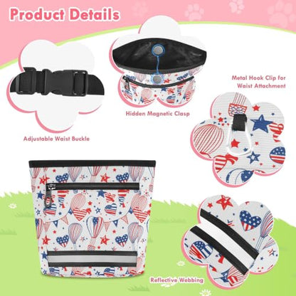 Independence Day Pattern Water-Resistant Dog Treat Pouch, 3 Ways to Wear Treat Bag with Magnetic Closure & Reflective Strip, Hands-Free for Pet Training, Walking