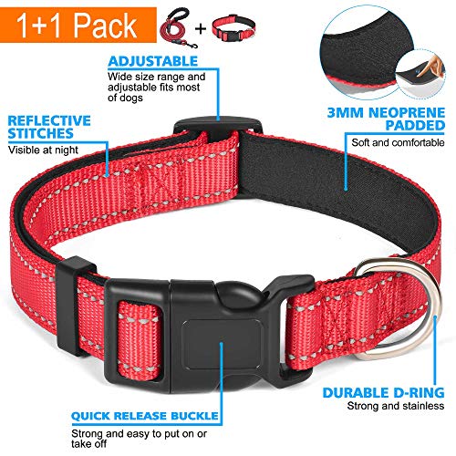 Ladoogo Reflective Dog Collar Padded with Soft Neoprene Breathable Adjustable Nylon Dog Collars for Small Medium Large Dogs (X-Small (Pack of 1), Red Collar+Leash) - color: Red Collar+Leash, size: X-Small (Pack of 1)