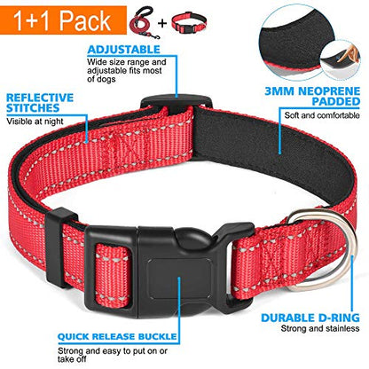 Ladoogo Reflective Dog Collar Padded with Soft Neoprene Breathable Adjustable Nylon Dog Collars for Small Medium Large Dogs (X-Small (Pack of 1), Red Collar+Leash) - color: Red Collar+Leash, size: X-Small (Pack of 1)