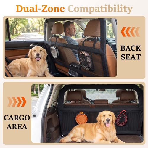 Heavy Duty Dog Car Barrier with Sturdy Metal Frame, Wider Coverage Pet Divider Net for Back Seat & Cargo Area, Universal Fit for Cars SUVs Trucks, Claw-Proof Transparent Mesh for Cool Airflow - size: Large