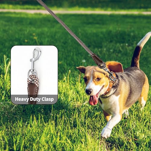 Mile High Life Dog Leash, Rope Leash with Genuine Leather Handle and Heavy Duty Metal Clasp, Great for Small Medium Large Dogs (Brown Check, 4FT) - color: Leather Handle-Brown Check, size: 48 Inch-1/2"