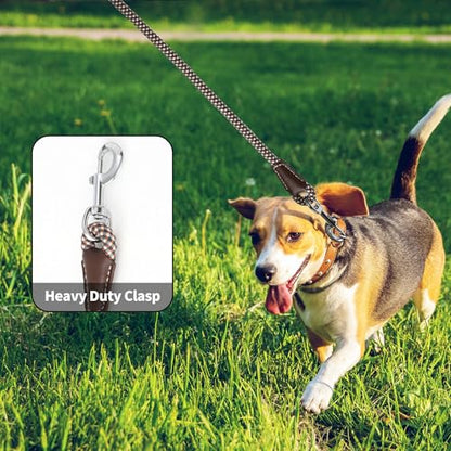 Mile High Life Dog Leash, Rope Leash with Genuine Leather Handle and Heavy Duty Metal Clasp, Great for Small Medium Large Dogs (Brown Check, 4FT) - color: Leather Handle-Brown Check, size: 48 Inch-1/2"