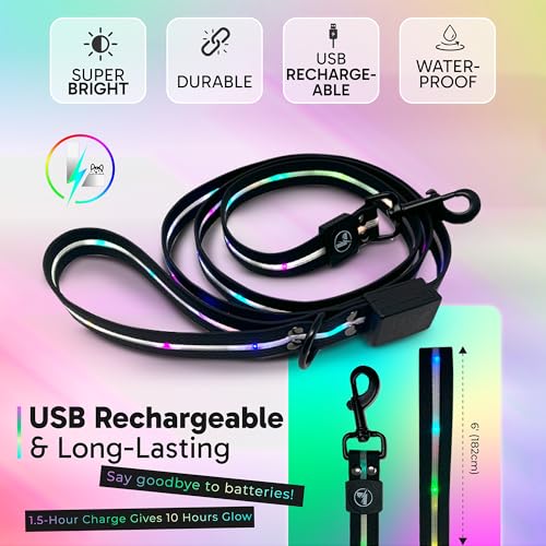Luminoid LED Dog Leash | 6 ft | USB Rechargeable | 12 Multi-Color Animated Effects | Ultra-Bright LEDs Light-up Leash Keeps You & Dog Safe - by Glowy Zoey