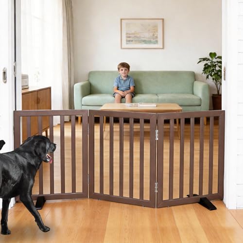ZJSF Freestanding Indoor Dog Gate for House Foldable Wood Puppy Gate for Doorways Pet Gate for Stairs Extra Wide Pet Fence, Brown, 24" Height 3 Panels - color: Brown, size: 【3 Panels】60''w x 24''h