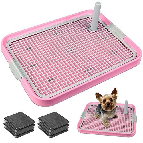 Dog Potty Tray Toilet 20"x14" Doggy Bathroom Dog Litter Box, Indoor Pee Pad Holder with 8pcs Training Pads, Puppy Pee Mesh Potty Training Tray with Secure Latch, Potty Pan for Small Medium Puppies - color: Pink