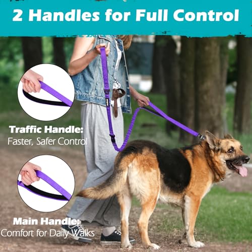 PetBonus Heavy Duty Tactical Dog Leash, 5 FT Bungee Shock Absorption Leash with 2 Padded Handles, Quick Release Metal Clip, Car Seatbelt, No Pull Training Lead for Large Medium Dogs（Purple） - color: Purple