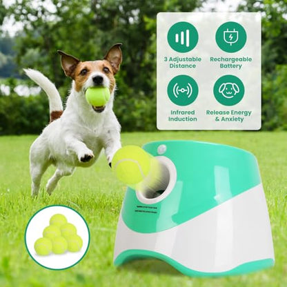 Automatic Dog Ball Launcher, Dog Ball Thrower with 9.84-29.52ft 3 Launching Distance, Rechargeable Dog Toy Mental Stimulation Training Game with 1.96" Tennis Balls for Energetic Small Medium Dogs - size: 9.84-29.52ft