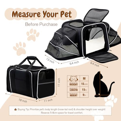 Double Expandable Cat Carrier,Airline Approved Soft-Sided Pet Travel Carrier for Small Dogs Cats Under 15 lbs,Waterproof 600D Oxford Fabric with Washable Replacement Liner,Odor-Free & Claw-Proof Black - color: Black