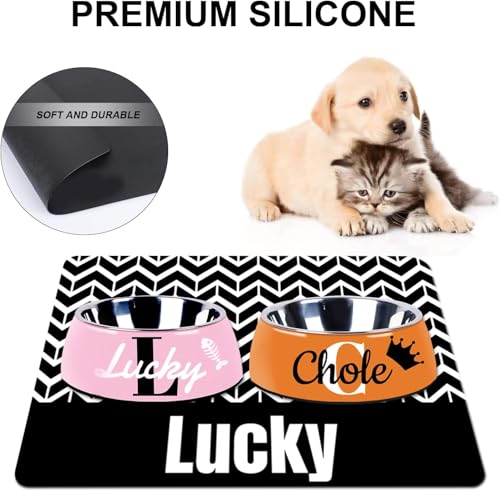 Personalized Dog & Cat Food Mat with Name Waterproof PU Pet Bowl Mat Non-Slip Rubber Bottom Easy Clean 3 Sizes (24"×16", 30"×20", 36"×24") Black Paw Prints (Fish Bone) - color: Wave