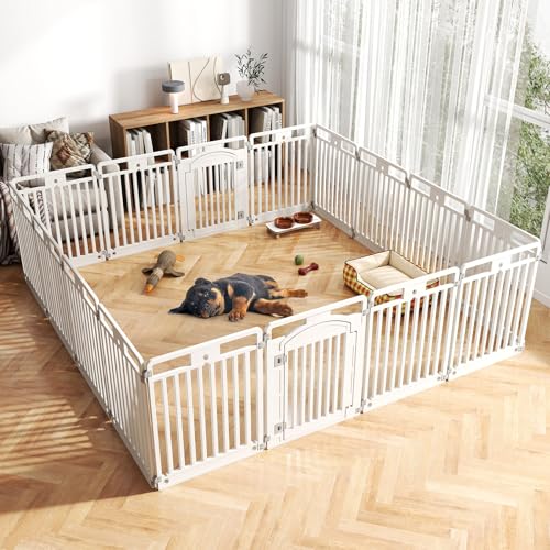 PETSITE 16-Panel Plastic Dog Playpen with Door, 32 Inch Tall Portable Shape-Customizable Pet Playpen Indoor Outdoor, Ideal for Small & Medium Dogs and Puppies, Easy to Assemble - size: 32"H x 24"W （16 Panels)