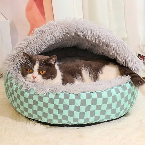ound Hooded Cat Bed and Dog Bed with Covered Cave, Cat Bed for Small Dogs, Faux Fur Cuddle Pillow Round Recessed Cat Bed, Automatic Warming Donut Cat Bed (Gray) - color: gray