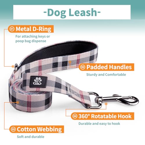 IVY&LANE Dog Collar with Bowtie and Leash Set | Plaid Adjustable Dog Collar | Detachable Bow Tie |5 FT Dog Leash | for Small Medium Large Dogs | Checkered Beige | Small - color: Checkered Beige, size: S