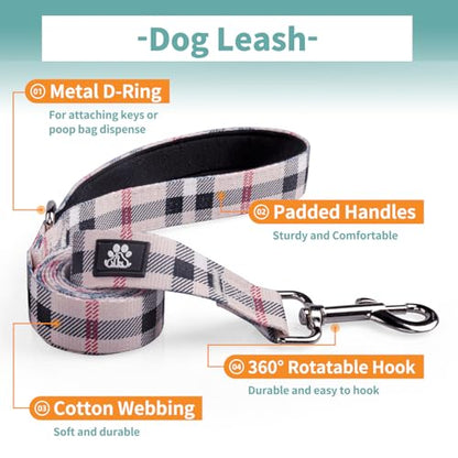 IVY&LANE Dog Collar with Bowtie and Leash Set | Plaid Adjustable Dog Collar | Detachable Bow Tie |5 FT Dog Leash | for Small Medium Large Dogs | Checkered Beige | Small - color: Checkered Beige, size: S