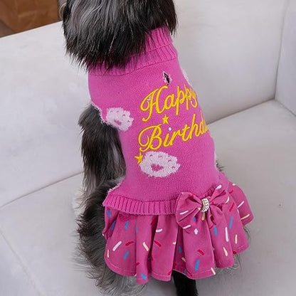 CuteBone Pink Dog Sweater Dress Happy Birthday Pet Sweater Sweaters for Large Dogs with Bowtie Pullover Pupply Clothes Cats Clothes - color: Happy Birthday, size: Large