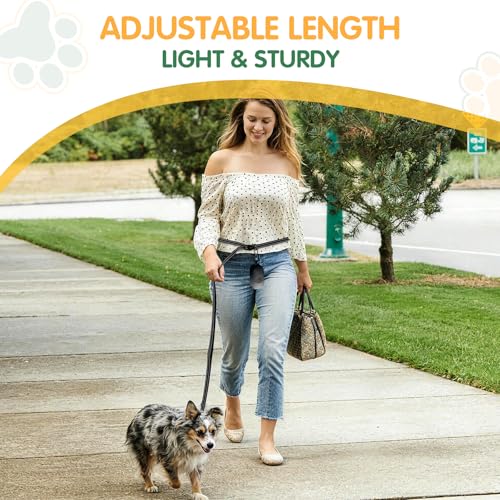 Kazazoo Hands-Free Dog Leash with Poop Bag Holder, Adjustable 4-7 Ft Waist for Dog Walking, Running for Small Dogs with Reflective Strips, Nylon Waist Belt, Black - color: Black