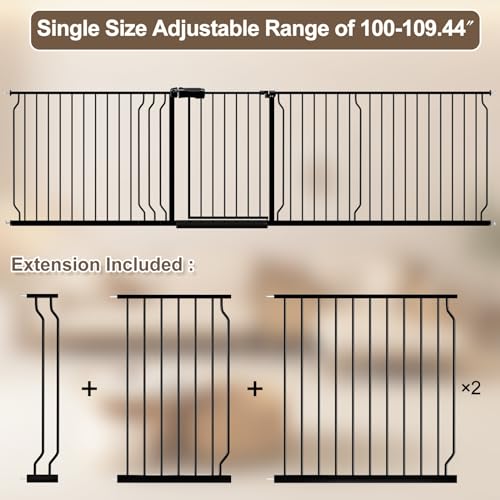 WAOWAO Baby Gate 254-277.9cm(100-110인치) 엑스트라 와이드 압력 장착 워크 스루 스윙 자동 닫힘 안전 블랙 메탈 유아 어린이 개 애완동물 강아지 계단, 출입구, 주방용 - color: 블랙., size: 100-109.45"/254-278cm