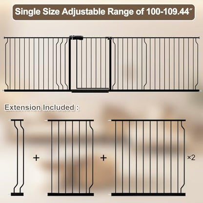 WAOWAO Baby Gate 254-277.9cm(100-110인치) 엑스트라 와이드 압력 장착 워크 스루 스윙 자동 닫힘 안전 블랙 메탈 유아 어린이 개 애완동물 강아지 계단, 출입구, 주방용 - color: 블랙., size: 100-109.45"/254-278cm