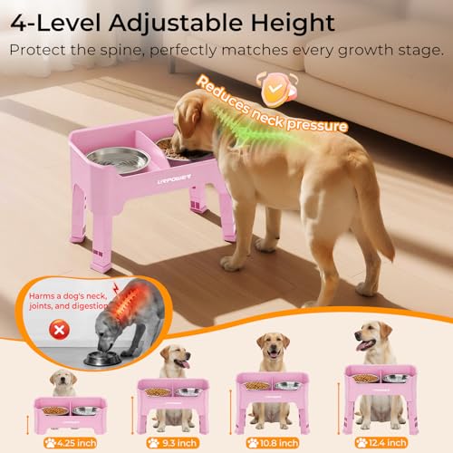 URPOWER Mess Proof Elevated Dog Bowls 4 Height Adjustable Raised Bowl Stand with 2 Stainless Steel Dog Bowls Non-Slip Food and Water Bowl Set for Small, Medium, Large Dogs, Pink - color: Pink, size: Medium