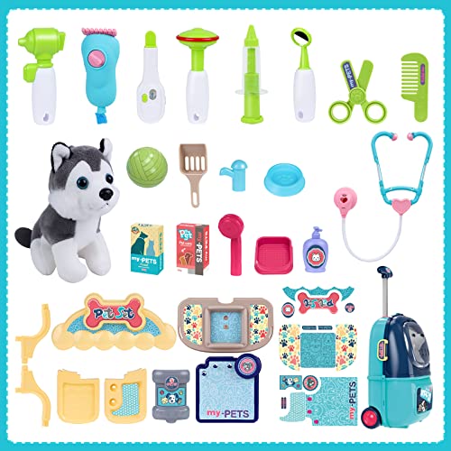 MAGIC4U Pet Cat Care Carrier Suitcase Toy, 29PCS Doctor Vet Kit for Kids, Pet Dog Grooming Feeding Toys, Veterinarian Pretend Play Set, Gifts for Boys and Girls Ages 3-12 | Puppy Vet Toys, Animal Doctor Kit for Toddlers,, Dog Grooming Toys, Pretend Pet Ho