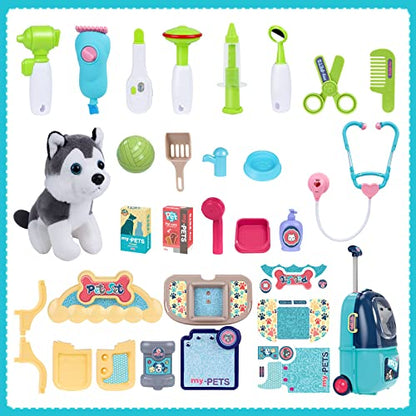 MAGIC4U Pet Cat Care Carrier Suitcase Toy, 29PCS Doctor Vet Kit for Kids, Pet Dog Grooming Feeding Toys, Veterinarian Pretend Play Set, Gifts for Boys and Girls Ages 3-12 | Puppy Vet Toys, Animal Doctor Kit for Toddlers,, Dog Grooming Toys, Pretend Pet Ho