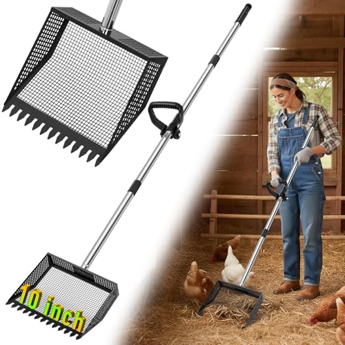 TOOGE Large Chicken Poop Scooper: 2-in-1 Metal Pooper Scooper & Rake Adjustable 62" Long Handle Stainless Steel Sand Sifting Litter Shovel Chicken Coop Scoop Cleaning for Bedding Goats Bright Black - color: Bright Black