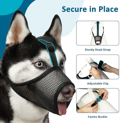 LUCKYPAW Mesh Dog Muzzle for Large Medium Small Dogs, Soft Dog Muzzle to Prevent Biting Chewing Excessive Barking with Adjustable Head Strap, Perfect for Vet Visit (Black, XXL) - size: XXL