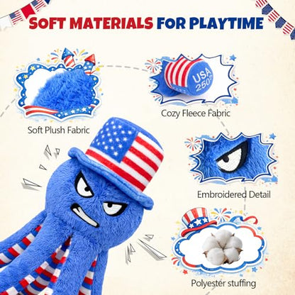 Patriotic 4th of July Dog Toys, 3-Pack Squeaky Crinkle Plush Set | For small and medium dogs; octopus toy for interactive play with a red, white and blue Independence Day design - color: Patriotic