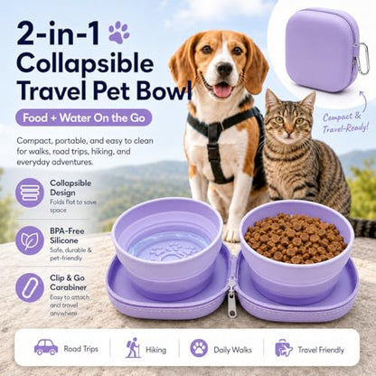 Portable Dog Bowl, Collapsible 2-in-1 Travel Dog Bowls with Carabiner Clip, Silicone Double Pet Food and Water Dish for Outdoor Camping and Hiking (Purple) - color: Purple