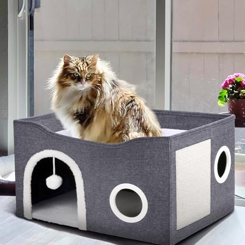 Heeyoo Cat House for Indoor Cats - Large Cat Bed Cave with Fluffy Ball and Scratch Pad, Foldable Cats Houses & Condos, Cat Hideaway, Covered Kitty Bed for Multi Small Large Kitty, 23.8x15.9x13.2 Inch - style: Without heat pad