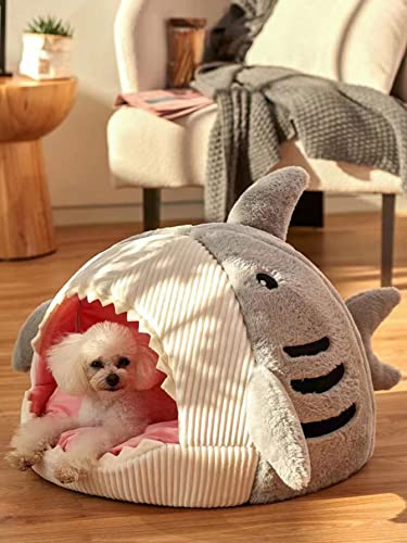 QWINEE Cat Mat Shark-Shaped Kennel Kitten Bed Hideout House Warm Soft Comfortable Semi-Closed Cat Dog Nest Grey Small - color: Grey, size: Small