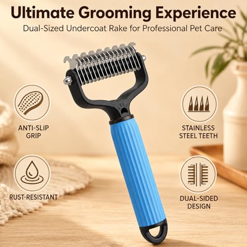 2 Pcs Pet Grooming Brush, Double Sided Undercoat Rake & Dematting Comb for Dogs and Cats, Detangling Tool for Matted Fur, Ideal for Medium or Long Haired Breeds (Blue+Pink, Large)