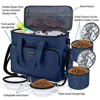 BAGLHER Dog Travel Bag, Pet Travel Bag (ALL Pet Travel Supplies), With 2 Pet Food Containers and 2 Collapsible Silicone Bowls; Essential Kits for Pet Travel Dark Blue - color: Dark Blue, size: Large