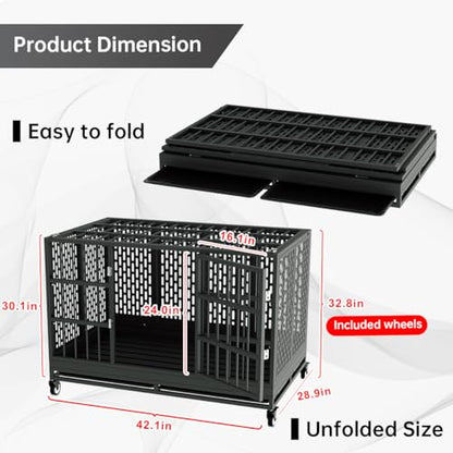 Snuowu 42 Inch Heavy Duty Dog Crate with Wheels, Folding Metal Big Dog Cage for Large and Medium Dogs, Extra Large XL XXL Indestructible Dog Crate with Removable Tray. - size: 41.3"L x 29.0"W x 32.0"H