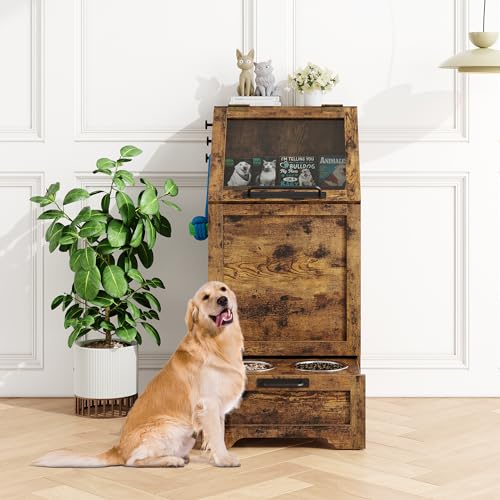 Dog Feeding Station with 2 Elevated Bowls, Pet Feeding Station,Flip Top Dog Food Storage Cabinet, Food Storage Container,Pet Toy Organizer,Modern Organizer,Brown - color: Brown