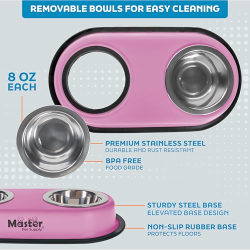 Master Pet Supply Double Dog Bowls Set with Elevated Base and 2 (8 oz) Stainless Steel Removable Dishes (Hyper Pink) – Double Cat Food Water Bowl, Dog Puppy Food Bowl Set, Rust Resistant - color: Hyper Pink
