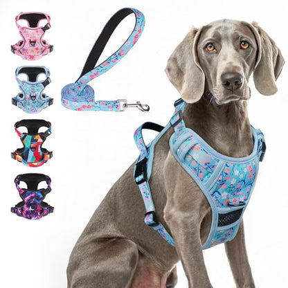 BEAUTYZOO No Pull Dog Harness Large,Adjustable Dog Harness and Leash Set -Easy Wearing with 3 Buckles/Control Handle,No Choke Soft Padded Reflective Pet Vest for Training Walking Hiking,Blue XL - color: Blue Flower, size: XL: chest 22"-44"
